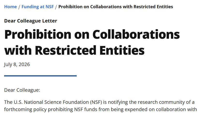 Science：NSF拟推出科研新规，“几乎全面禁止与所有中国科学家合作”